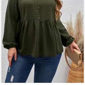 SHEIN LUNE Plus Swiss Dot
Lantern Sleeve Peplum Blouse